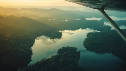 Canvas Print - Aerial view of sunrise over a misty lake and lush forest.