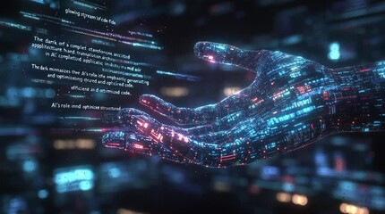 Futuristic hand with digital code flows and glowing elements.