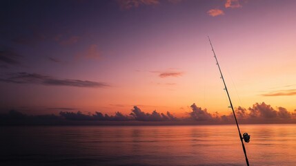 Wall Mural - A peaceful sea fishing spot at sunrise, Fishing rods silhouetted against calm ocean waters, Coastal tranquility style