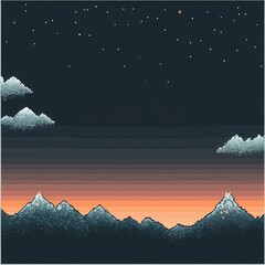 Wall Mural - A delightful 8-bit pixel art of a glowing pixelated mountain range with tiny pixelated climbers, sparkling peaks, and pixelated clouds, set on a pastel orange and blue background for an adventurous 