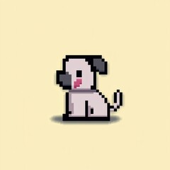 Poster - A playful 8-bit pixel art of a cute dog sitting with its tail wagging, glowing slightly, set on a warm pastel yellow background for a friendly pet theme. 