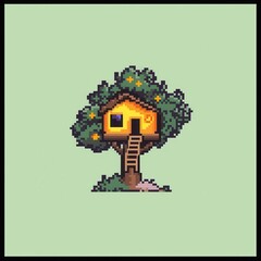 Canvas Print - A playful 8-bit pixel art of a glowing pixelated treehouse with tiny ladders, surrounded by pixelated stars and leaves, set on a pastel green background for a cozy and whimsical forest theme. 