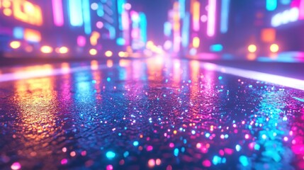 Canvas Print - Wet city street at night with vibrant neon lights reflecting on the ground.