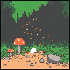 Poster - An intricate 8-bit pixel art of a glowing forest clearing with pixelated mushrooms, sparkling fireflies, and tiny glowing trees, set on a pastel green and brown background for a magical woodland 