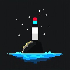 Wall Mural - An intricate 8-bit pixel art of a glowing pixelated lighthouse on a cliff, surrounded by tiny waves and sparkling stars, set on a pastel navy and cream background for a nautical night vibe. 