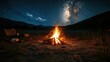 © ArpPSIqee - A rustic campfire scene in a mountain meadow, Camping essentials arranged under a starry sky, Mountain retreat style