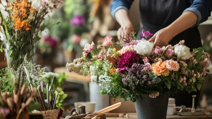 Wall Mural - A scenic flower arrangement workshop with floral tools, Bouquets being meticulously crafted, Botanical artisan style