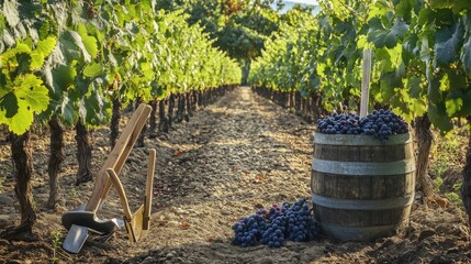 A scenic vineyard with harvest tools amidst rows of grapevines, Winemaking heritage style, photo of