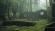 © ArpPSIqee - A serene archery range in a misty ancient forest with moss-covered trees, Archery equipment amidst mystical fog and ancient ruins, Enchanted forest style