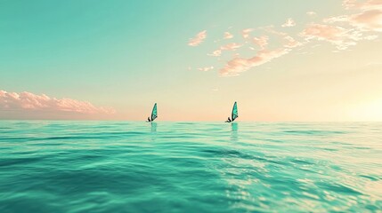 Canvas Print - Two windsurfers on calm ocean at sunset.