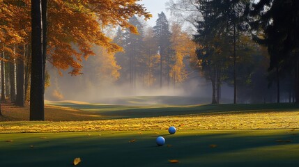 Wall Mural - A serene golf course fairway surrounded by misty pine forests and autumn foliage, Golf balls scattered among golden leaves and mist, Misty pine elegance style