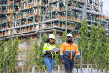 Two engineers wearing safety helmets and high-visibility jackets explore the surrounding area near an industrial plant, highlighting site inspection, teamwork, and project management.