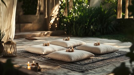 Wall Mural - A serene meditation retreat with cushions and tranquil decor, Meditation space surrounded by candles and incense, Mindful lifestyle style