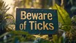 © milenialdesastudio - Rustic wooden sign in lush greenery warns 'Beware of Ticks'.