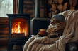 © Fotoproff - A cat is sitting in a chair next to a fireplace, with a mug of coffee in front of it. The scene conveys a cozy and warm atmosphere
