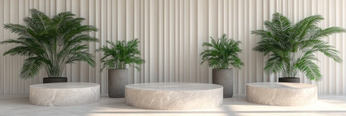 Wall Mural - Minimalist display with plants and marble podiums against a textured wall.