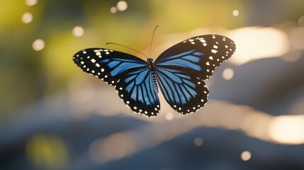 Wall Mural - Blue butterfly in flight, bokeh background.