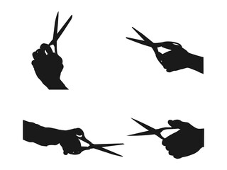 Human hand holding scissors, silhouette. Vector illustration. Hand Holding Scissors Icon for Cutting and Crafting Design. illustration of a hand holding a pair of scissors without background.