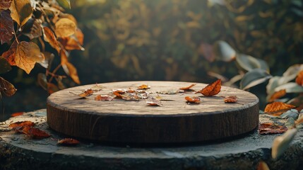 Poster - Rustic wooden round display with autumn leaves.