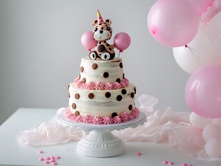 Wall Mural - Two-tiered birthday cake with an animal topper and pink balloons, on a white table stand. Studio shot with ample white space and light pink accents.