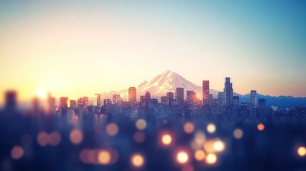 Canvas Print - Sunrise over city skyline with mountain.