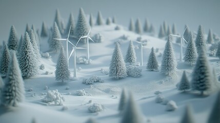 A serene winter landscape featuring snow-covered trees and wind turbines, highlighting renewable energy amidst a tranquil, snowy environment.