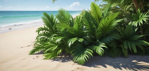 A cluster of vibrant green tropical palm leaves scattered on the beach, outdoor, greenery