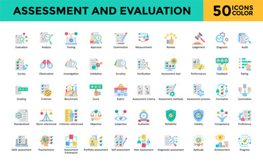 Poster - Assessment and Evaluation icon set with evaluation, analysis, testing, appraisal, examination, measurement, review, judgement, diagnosis, audit. Simple flat color vector 
