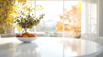 Wall Mural - Elegant Dining Room Table with Autumn-Focused Natural Light and Fresh Fruit Arrangement Ideal for Text Overlay and Modern Aesthetic