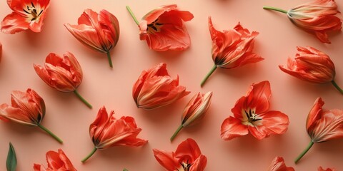 Wall Mural - Red flowers on pink surface