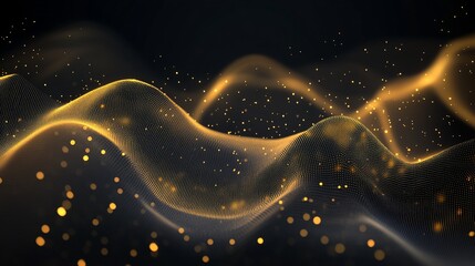Wall Mural - abstract golden waves with glowing particles on dark background.