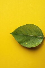 Wall Mural - Green Leaf on Yellow Surface