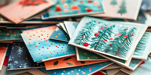 Wall Mural - Christmas Card Day many Christmas cards stacked in a pile top view, cards have watercolor and modern prints with Christmas trees, December 9