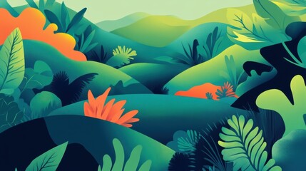 Naklejka na meble Lush Green Hills and Tropical Foliage in Abstract Design