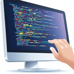Hand pointing at computer screen with code.  Software development concept.