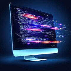 Computer screen displaying code with light trails.  Concept of programming, software development, and digital technology.