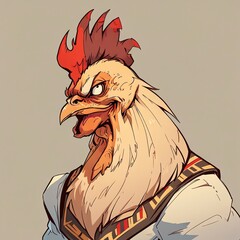 Sticker - The Rooster's Fierce Gaze: A Digital Illustration of a Rooster in Clothing