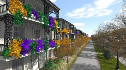 Wall Mural - A picturesque street lined with colorful balconies and lush greenery.