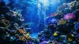 An underwater diving gear display in a vibrant coral reef, Scuba equipment surrounded by diverse marine life and colorful corals, Coral reef exploration style
