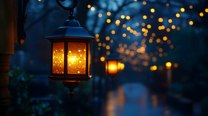 Sticker - A serene evening scene with glowing lanterns and twinkling lights along a pathway.