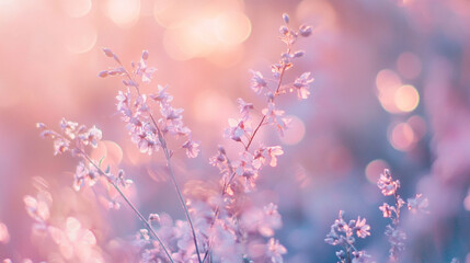 Wall Mural - Soft pastel flowers bloom in sunlight with enchanting bokeh in the background