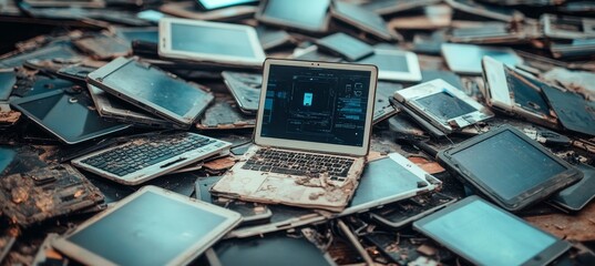 A broken laptop junk trash. Generative AI technology.	
