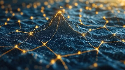 A mountain peak with a flag planted on top, surrounded by paths representing the journey of life.
