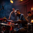 © Olga - Talented drummer performing on stage with a saxophonist and bass player in a vibrant jazz atmosphere