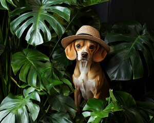 Fun costume fashion for adorable pets. A beagle dog wearing a straw hat sits amidst lush green leaves.