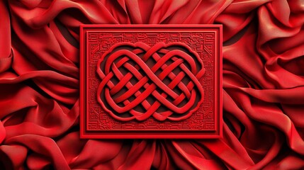 A vivid red backdrop featuring a decorative knot symbol, embodying cultural significance and elegance within rich, flowing fabric.