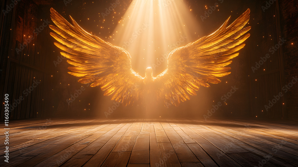 Beautiful, large golden angel wings with light rays shining through ...