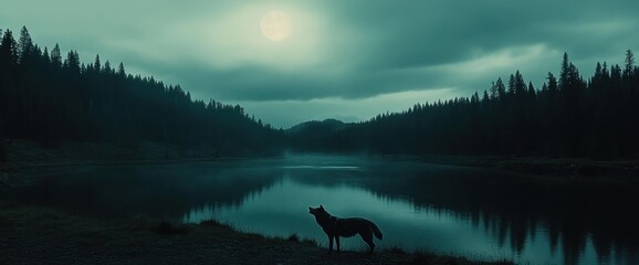  Lone wolf howling at the moon by a serene lake in a misty forest at night.