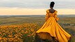 © milenialdesastudio - Woman in yellow dress stands in a field of orange flowers, facing away from the camera, looking at a vast landscape at sunset.