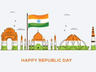 Wall Mural - Happy Republic Day Poster with Indian Flag and Tricolor India Famous Monuments on White Background.